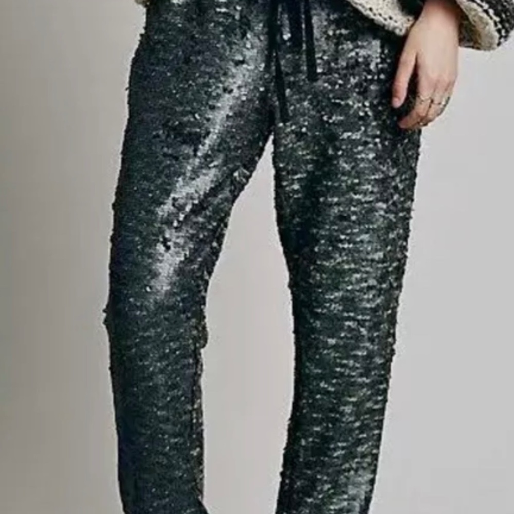 FREE PEOPLE Sequin Party Gunmetal Gray Drawstring Jogger Pants Size S - Picture 12 of 14